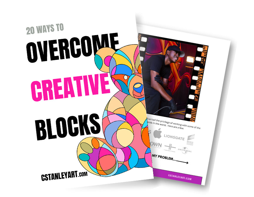 Book cover with colorful design and text about overcoming creative blocks, featuring a film strip on a white background.