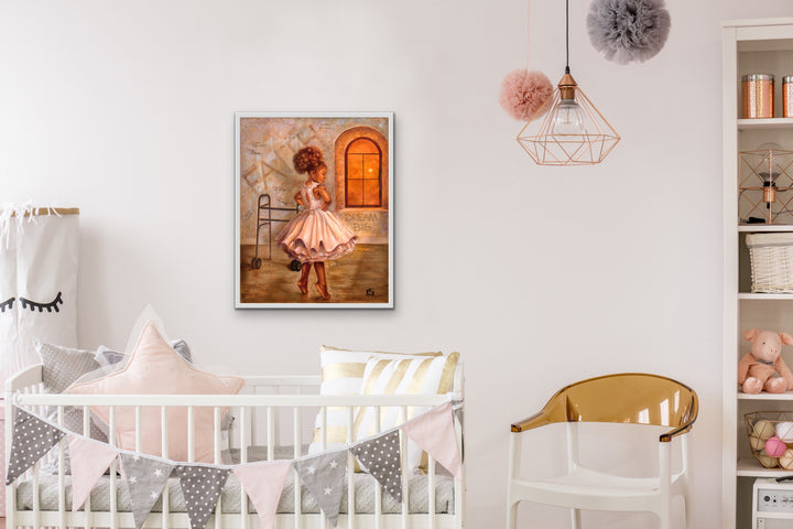 print of little girl ballet dancer who has disabilities on wall in baby room